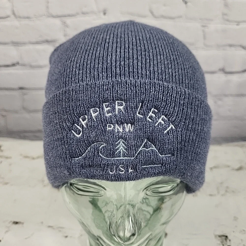 Upper Left PNW Pacific Northwest Oregon Blue Knit Beanie Hat Cap